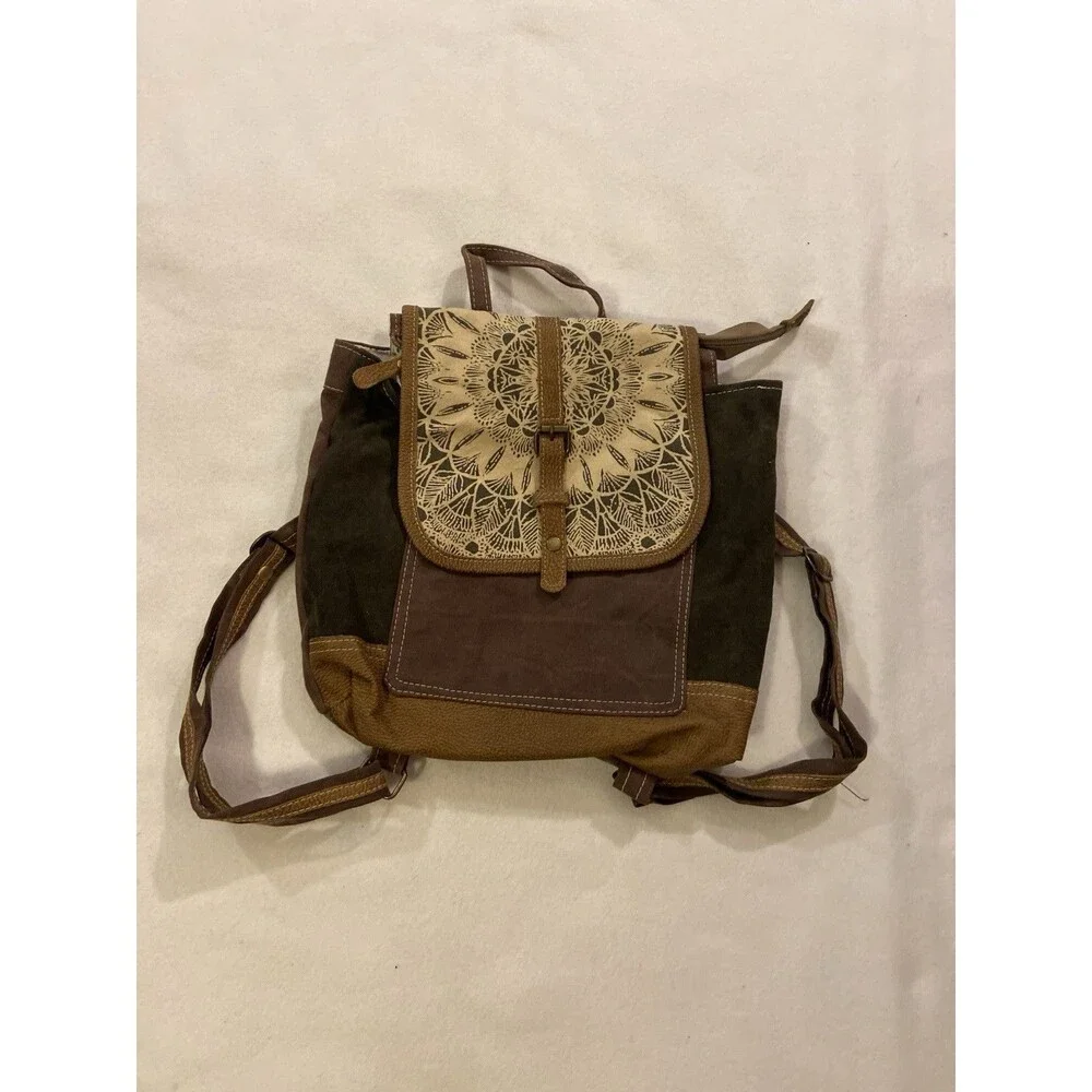 Boho Leather Backpack Mandala Print Flap, Vintage Bag Tribal Pattern Rucksack